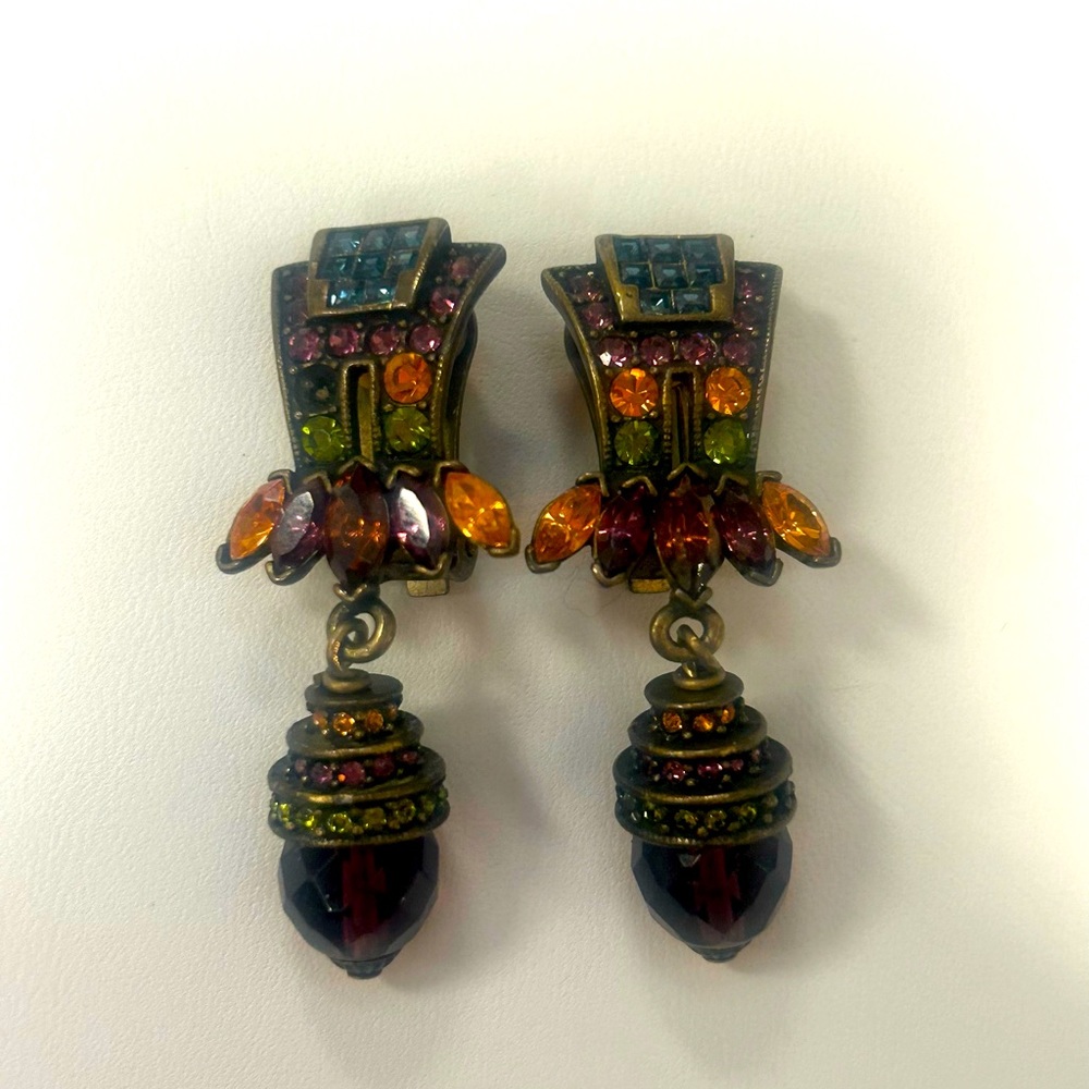 Vintage Heidi Daus Swarovski crystal art deco brass tone clip-on earrings